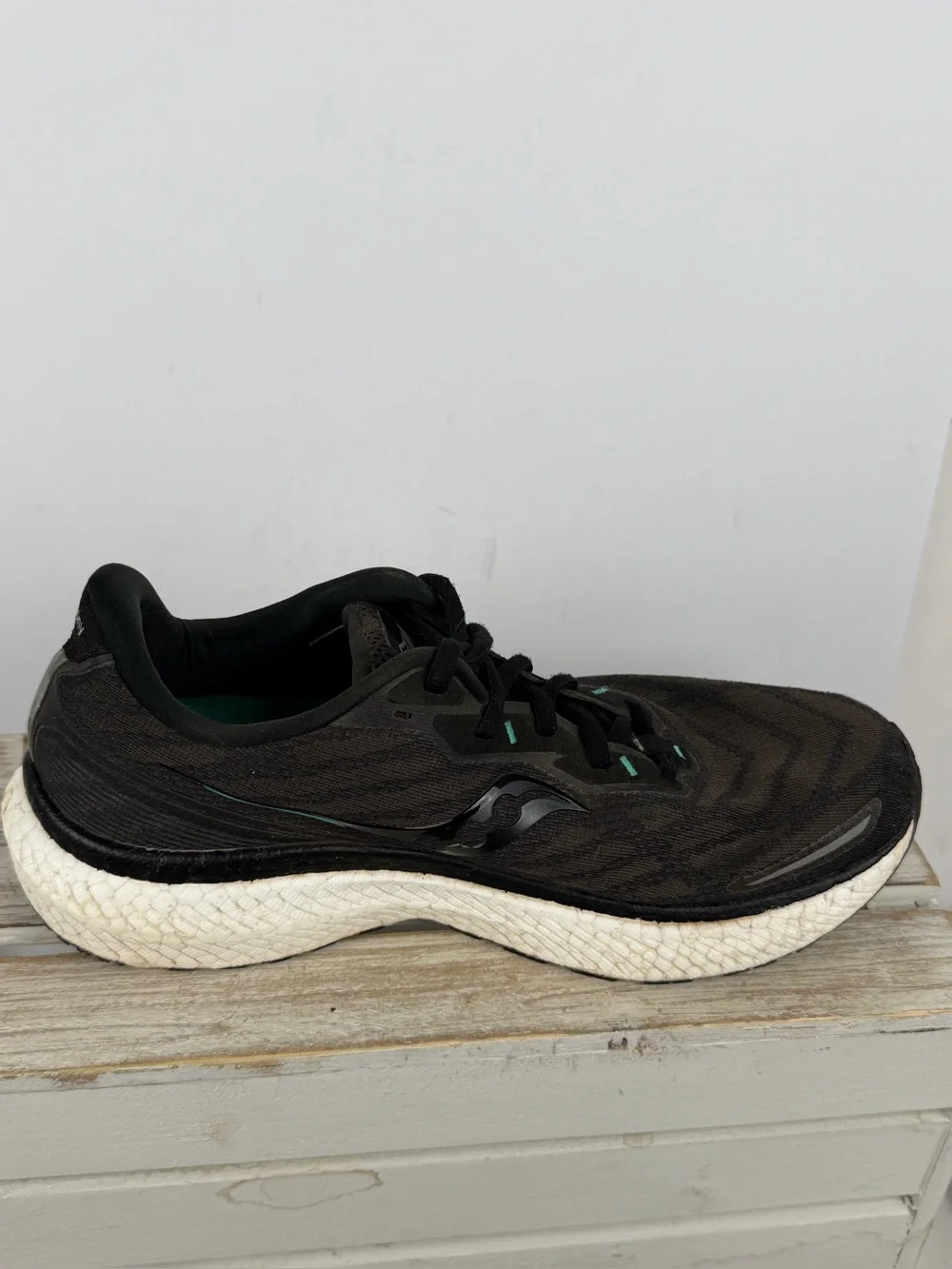 Saucony Triumph 19 running shoes in black an white with subtle teal accents 10.5